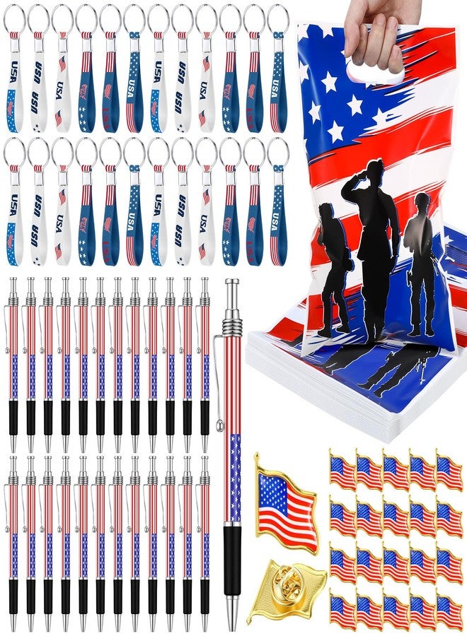Supervitae 96 Pcs Patriotic Party Gifts Include 24 American Flag Gift Bags 24 USA Key Chains 24 American Flag Pens 24 USA Flags Brooches for Veterans Army Solider Supplies - Image 1
